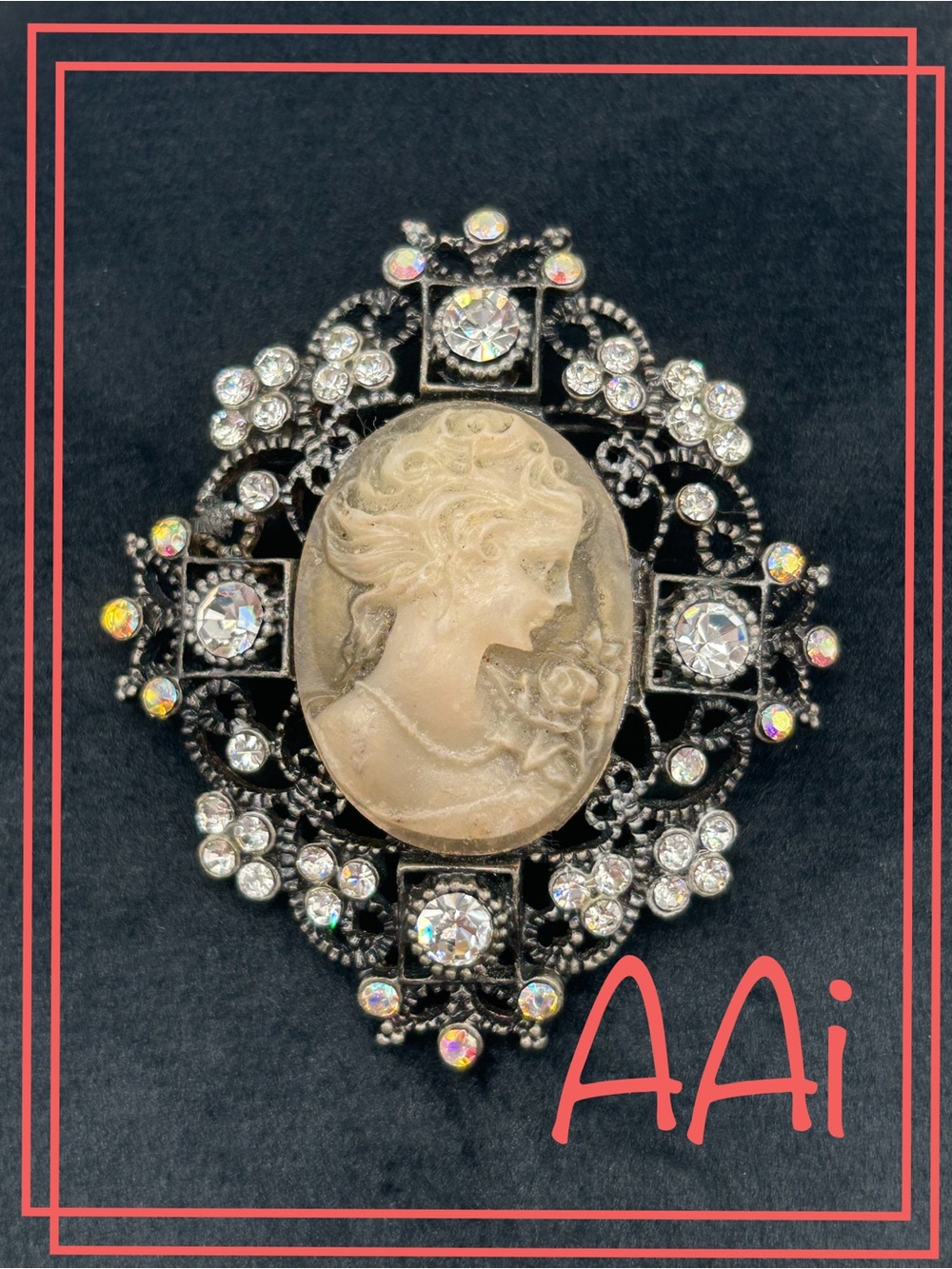 Vintage AAi Cameo Brooch Pin, Victorian Revival Silver Tone Rhinestone